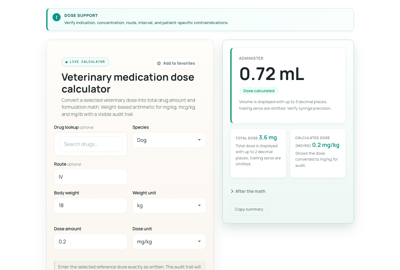 DVMReady dose calculator interface showing inputs, calculated dose, audit trail, and safety notes